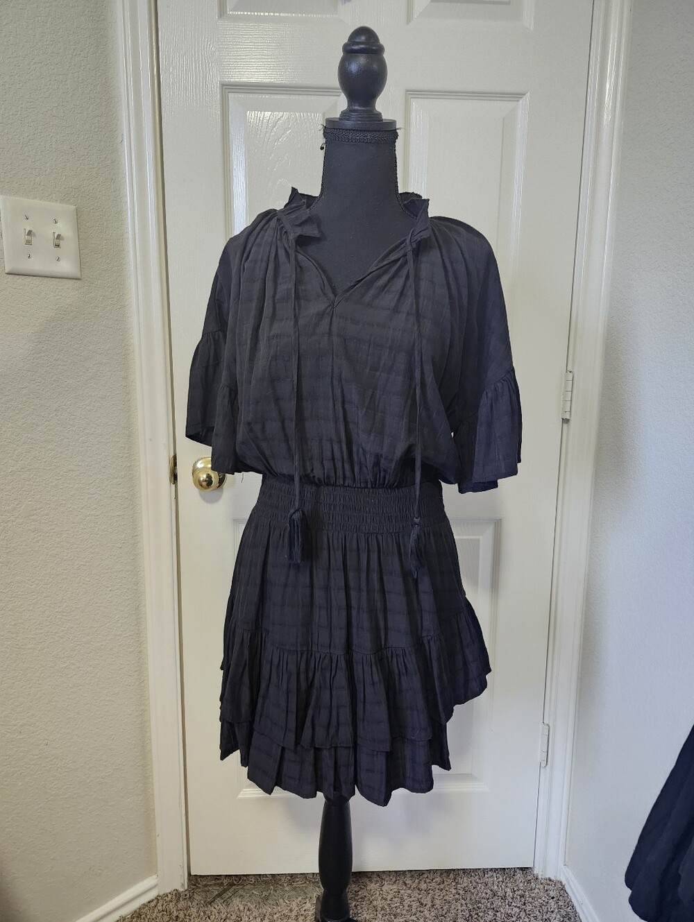entro Black Smocked Waist Tiered Mini Dress with Tie Neck